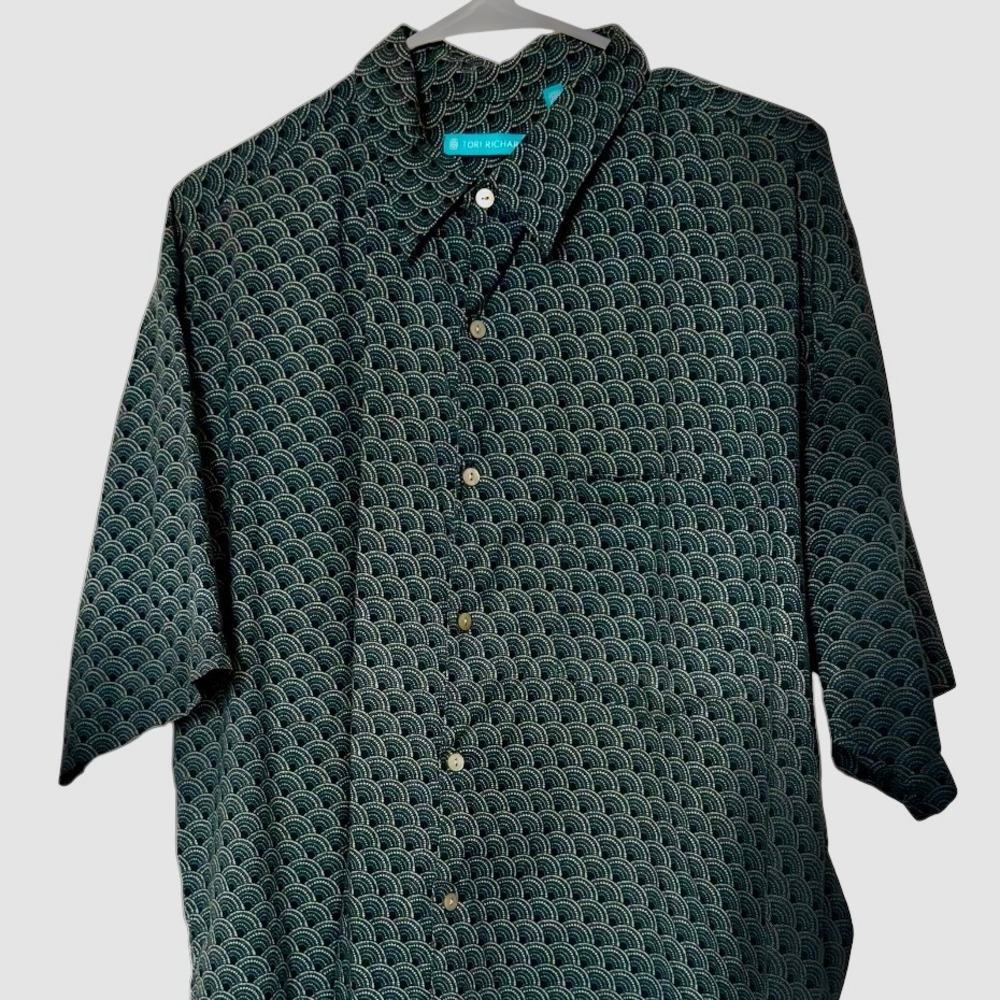 Tori Richard Men XL Blue Black Geometric Fan Print Cotton Lawn Hawaii Shirt